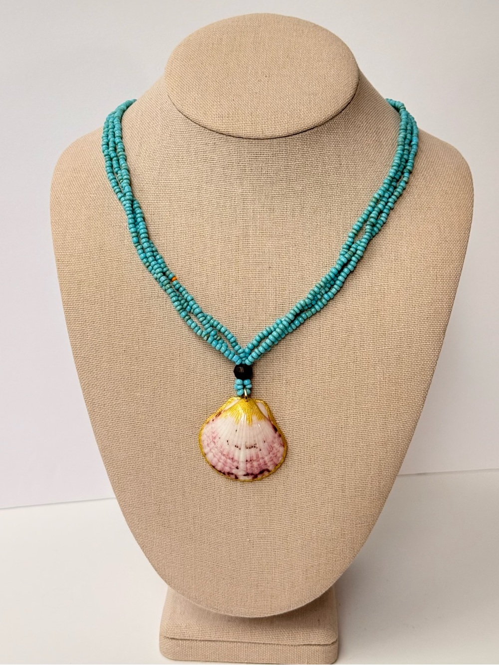 Boho Turquoise Beaded Shell Necklace Gold Trim Coastal Beach Jewelry